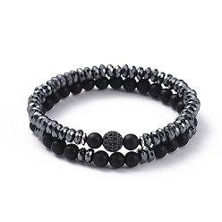 Black Stretch Bracelet Sets, with Non-magnetic Synthetic Hematite Bead & Brass Cubic Zirconia Beaded Bracelets and Natural Black Agate(Dyed) Beaded Bracelets, Black, 2-1/8 inch(53mm), 2pcs/set