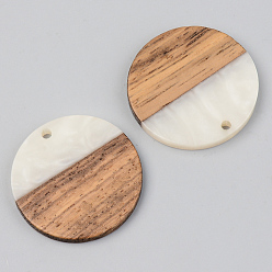 Floral White Opaque Resin & Walnut Wood Pendants, Flat Round, Floral White, 28x3mm, Hole: 2mm