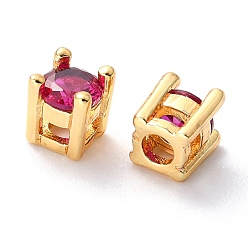 Medium Violet Red Brass inlaid Cubic Zirconia Slide Charms, Real 18K Gold Plated, Flat Round, Medium Violet Red, 4.5x4.5x5mm, Hole: 1x1.5mm