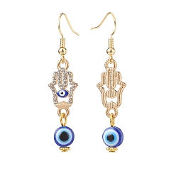 Hamsa Hand Crystal Rhinestone Dangle Earrings with Enamel Evil Eye, Brass Drop Earrings with Resin Beaded for Women, Golden, Hamsa Hand Pattern, 51.5mm, Pin: 0.7mm