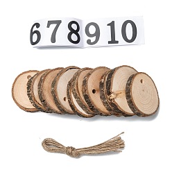 BurlyWood Decoraciones colgantes grandes de madera redonda plana, con cuerda de cáñamo y pegatinas con números de papel, burlywood, 56~66x50~63x7.5~10 mm, agujero: 5.5 mm, cuerda de cáñamo: 255x1 mm, 10 unidades / bolsa