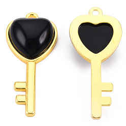 Obsidian Natural Black Obsidian Pendants, with Light Gold Plated Brass Findings, Key with Heart Charm, 38x17x6.5~7mm, Hole: 1.8mm