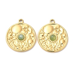 Green Aventurine Ion Plating(IP) 316 Stainless Steel Flat Round Pendants, Natural Green Aventurine Flower Charms, Real 24K Gold Plated, 23x20x4mm, Hole: 1.8mm