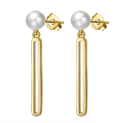 Real 18K Gold Plated 925 Sterling Silver Oval Dangle Stud Earrings with Pearl Beaded, with S925 Stamp, Golden, 33mm