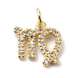 Virgo Brass Micro Pave Cubic Zirconia Charms, Constellation Charm, with Jump Rings, Real 18K Gold Plated, Virgo, 11x11x1.5mm, Hole: 3.4mm