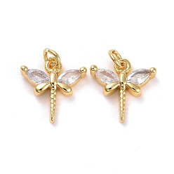 Clear Brass Micro Pave Cubic Zirconia Pendants, Real 18K Gold Plated, Lead Free & Cadmium Free, Dragonfly, Clear, 12x11.5x3mm, Hole: 2.5mm