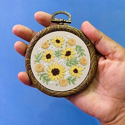 Lemon Chiffon DIY Pendant Decoration Embroidery Kits, Including Printed Cotton Fabric, Embroidery Thread & Needles, Embroidery Hoop, Sunfower Pattern, Lemon Chiffon, Embroidery Hoop: 100mm