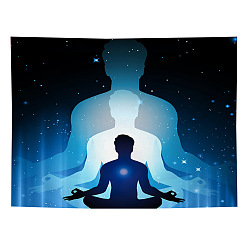 Bleu Ciel Foncé Tapisserie murale à thème de yoga en polyester, Tapisserie de méditation pour la décoration du salon de la chambre à coucher, rectangle, bleu profond du ciel, 1300x1500mm