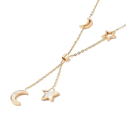 Golden Resin Shell Star and Moon Pendant Lariat Necklace, Ion Plating(IP) 304 Stainless Steel Jewelry for Women, Golden, 15.16 inch(38.5cm)