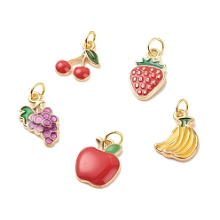 Mixed Color Alloy Enamel Pendants, with Jump Rings, Light Gold, Banana & Apple & Strawberry, Mixed Color, 13~17x9~12x2~2.5mm