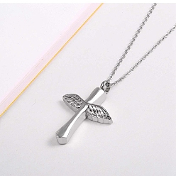 Silver Cross and Wings Urn Ashes Pendant Necklace, 316L Stainless Steel Memorial Jewelry for Women, Silver, 19.69 inch(50cm)