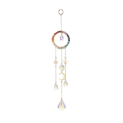 Mixed Stone Glass Teardrop & Star Window Hanging Suncatchers, Ring Natural Gemstone & Brass Sun & Moon & Star Pendants Decorations Ornaments, 235mm