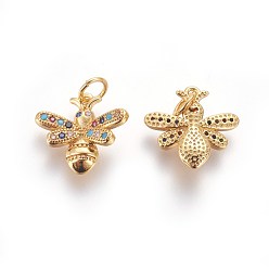 Golden Brass Micro Pave Cubic Zirconia Charms, Bees, Colorful, Golden, 13.5x14~14.5x3.5mm, Hole: 3mm