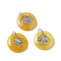 Yellow Jade Natural Yellow Jade Pendants, Flat Round Charms, with Platinum Tone Brass Flower with Butterfly Findings, Cadmium Free & Nickel Free & Lead Free, 30~35x28~32x10~10.5mm, Hole: 2mm