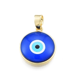 Blue Glass Pendants, with Golden Plated Brass Findings, Flat Round with Evil Eye, Blue, 19x16.5x5mm, Hole: 5x3.5mm