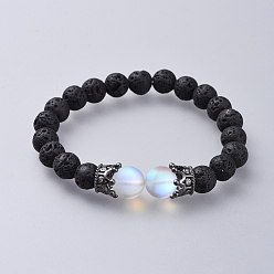 Moonstone Synthetic Moonstone Stretch Bracelets, with Natural Lava Rock Beads and Brass Micro Pave Cubic Zirconia Beads, Crown, Gunmetal, 1-7/8 inch(4.9cm)