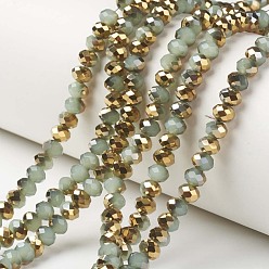Aqua Electroplate Glass Beads Strands, Imitation Jade, Half Golden Plated, Faceted, Rondelle, Aqua, 8x6mm, Hole: 1mm, about 68pcs/strand, 15.5 inch(38.75cm)