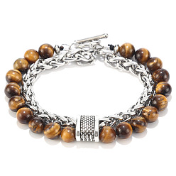Tiger Eye Natural Tiger Eye Beaded Double Layer Multi-strand Bracelets, with Iron Chains, 7-7/8 inch(20cm)