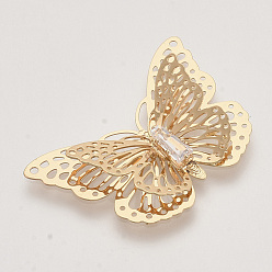 Light Gold Enlaces carpinteros de filigrana de bronce, con diamantes de imitación de cristal, 3 d mariposa, la luz de oro, 22.5x33x4~7 mm, agujero: 1 mm