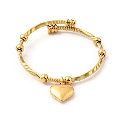 Oro Chapado en iones (ip) 304 brazalete de dijes de corazón de acero inoxidable, brazalete de cuerda torcida con cuentas redondas para mujer, dorado, diámetro interior: 2 pulgada (5.1 cm)