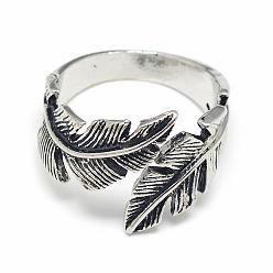 Antique Silver Adjustable Alloy Cuff Finger Rings, Leaf, Size 10, Antique Silver, 20mm