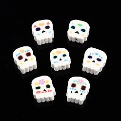 Mixed Color Handmade Polymer Clay Beads, Skull, Mixed Color, 8.5~12x8.5~10.5x4~5mm, Hole: 1.4~1.6mm