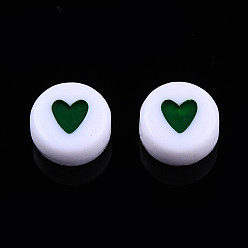 Темно-Зеленый Непрозрачные акриловые бусины, с эмалью, плоско-круглые с сердцем, темно-зеленый, 7x3.5 мм, отверстие : 1.2 мм, Около 3600~3700 шт / 500 г