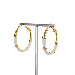 White Golden 304 Stainless Steel Hoop Earrings with Enamel, White, 30mm