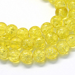 Jaune Cuisson peint verre craquelé transparent brins de perles rondes, jaune, 8.5~9mm, Trou: 1.5mm, Environ 105 pcs/chapelet, 31.8 pouce