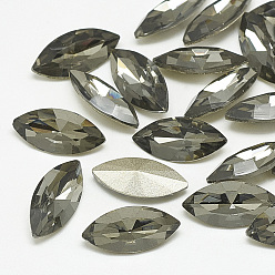 Black Diamond Pointed Back Glass Rhinestone Cabochons, Back Plated, Faceted, Horse Eye, Black Diamond, 15x7x4mm