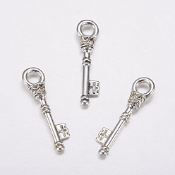 Antique Silver Alloy Pendants, Key, Lead Free and Cadmium Free, Antique Silver, 36x9x6mm, Hole: 5mm