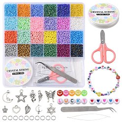 Mixed Color DIY Bracelet Making Kit, Including Glass Seed Round & Acrylic Flat Round with Heart Beads, Snowflake & Moon & Star & Crown Alloy Pendants, Scissors & Tweezers, Mixed Color