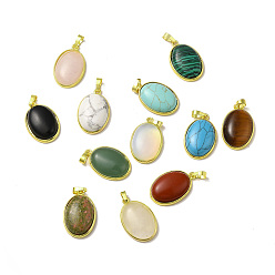 Mixed Stone Natural & Synthetic Mixed Gemstone Pendants, Oval Charms, with Rack Plating Golden Plated Brass Findings, Lead Free & Cadmium Free, Mixed Dyed and Undyed, 31x20x7.5~8mm, Hole: 7x5mm
