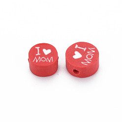 Red Handmade Polymer Clay Beads, Mother's Day Theme, Flat Round with Word I Love MOM, Red, 8~9.5x3.5~4.5mm, Hole: 1.5mm