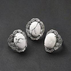 Howlita Anillos ajustables de howlita natural, anillos ovalados de latón en tono platino para mujer, sin plomo y cadmio, tamaño de EE. UU. 7 3/4 (17.9 mm), 3.5~5 mm