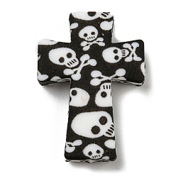 Black Cross with Skull Silicone Focal Beads, Chewing Beads For Teethers, DIY Nursing Necklaces Making, Black, 35x25x8mm, Hole: 2mm