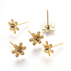 Golden 304 Stainless Steel Ear Stud Components, 6-Petal, Flower, Golden, 13mm, Flower: 8x9x2mm, Tray: 3mm, Pin: 0.7mm
