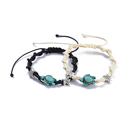 Mixed Color Adjustable Eco-Friendly Korean Waxed Polyester Cord Braided Bead Bracelets Sets, with Alloy Findings and Synthetic Turquoise(Dyed) Beads, Tortoise, Mixed Color, 2 inch~3-3/8 inch(5.1~8.6cm), 2pcs/set