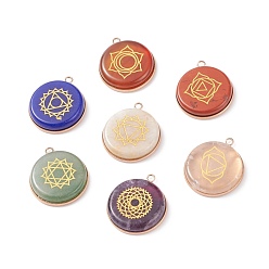 Rose Gold Natural & Synthetic Mixed Stone Pendants, with 304 Stainless Steel Findings, Flat Round with Chakra Pattern, Mixed Dyed and Undyed, Rose Gold, 30x26.5x6mm, Hole: 2mm, 7pcs/set