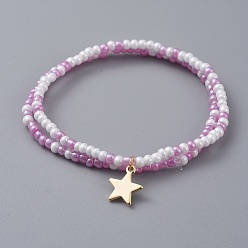 Lilac Glass Seed Beaded Kids Stretch Bracelets, Stackable Bracelets, with Star Brass Charms, Lilac, 2 inch(5cm), 2pcs/set