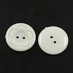 White Acrylic Sewing Buttons for Clothes Design, Plastic Buttons, 2-Hole, Dyed, Flat Round with Flower Pattern, White, 23x3mm, Hole: 1mm