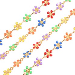 Colorful 304 Stainless Steel Sunflower Link Chains, with Enamel, Real 18K Gold Plated, Soldered, Colorful, 9.5x5.5x1mm, about 3.28 Feet(1m)/Strand