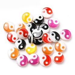 Mixed Color Printed Natural Freshwater Shell Beads, Yin Yang Flat Round Beads, Mixed Color, 8x2.5~3mm, Hole: 0.8mm