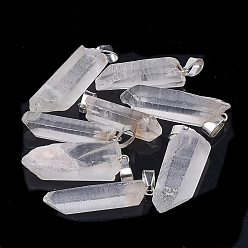 Cristal de Quartz Pendeloques de cristal de quartz naturel, cristal de roche, avec les accessoires en fer de tonalité de platine, prismes hexagonaux, 25~35x8~12x5~10mm, Trou: 3x7mm