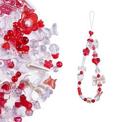 Rouge 150 pièces perles acryliques roses aléatoires ours pastel perles entretoises papillon perles en vrac pour bijoux porte-clés téléphone lanière faisant, rouge, 17mm