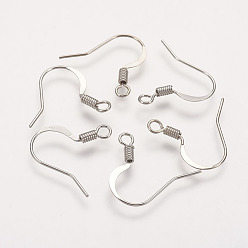 Платина Латунные французские крючки для серег, плоские крючки для серег, провод уха, с горизонтальной петлей, без никеля , платина, 17 мм, отверстие : 2 мм