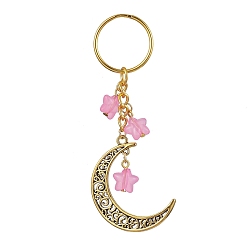 Pink Porte-clés pendentif lune creuse en alliage de style tibétain, avec breloque étoile en acrylique et porte-clés fendus en fer, rose, 9.2 cm