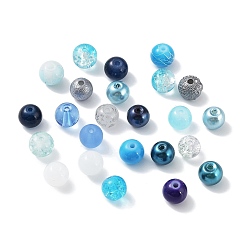 Blue Glass Beads, Round, Mixed Style, Blue, 8~8.5x7.5mm, Hole: 0.8mm, 300pcs/bag