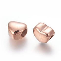 Oro Rosa 304 de acero inoxidable de cuentas europeo, abalorios de grande agujero, corazón, oro rosa, 10.5x11.3~11.5x8.1~8.3 mm, agujero: 5 mm