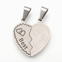 Stainless Steel Color 304 Stainless Steel Split Pendants, Heart with Word Best Friends, Stainless Steel Color, 27.5x26.5x2.5mm, Hole: 5x10mm
